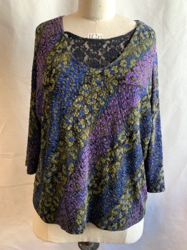 Womens, Dress, Piece 1, MIRASOL WOMAN, Purple, Olive Green, Black, Dk Blue, Acetate, Polyamide, Abstract , 1X, Diagonal Abstract Textured Pattern, Scoop Neck, 3/4 Sleeve, Solid Black Floral Lace Scoop Neck Under Panel, Stretch