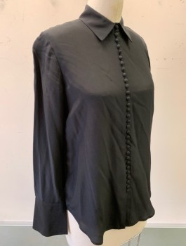 Womens, Blouse, CLUB MONACO, Black, Silk, Solid, S, Chiffon, L/S, Many Fabric Buttons/Loops at CF, Collar Attached