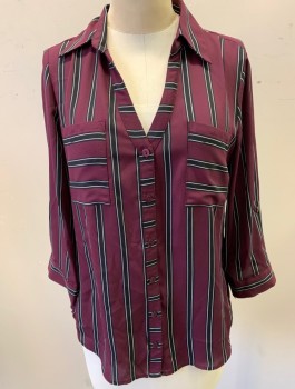 IZ BYER, Plum Purple, Black, White, Polyester, Stripes - Vertical , Chiffon,3/4 Sleeves, Button Front, Collar Attached with V-Neck Opening, 2 Patch Pockets, Tabs with Button on Sleeves to Roll Them Up