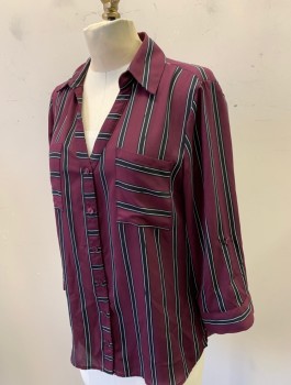 Womens, Blouse, IZ BYER, Plum Purple, Black, White, Polyester, Stripes - Vertical , S, Chiffon,3/4 Sleeves, Button Front, Collar Attached with V-Neck Opening, 2 Patch Pockets, Tabs with Button on Sleeves to Roll Them Up