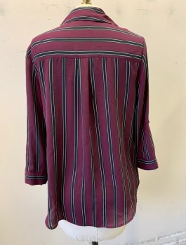 IZ BYER, Plum Purple, Black, White, Polyester, Stripes - Vertical , Chiffon,3/4 Sleeves, Button Front, Collar Attached with V-Neck Opening, 2 Patch Pockets, Tabs with Button on Sleeves to Roll Them Up