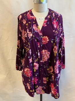 Womens, Top, ST. JOHN'S BAY, Aubergine Purple, Pink, Fuchsia Pink, Green, Rayon, Floral, 2XL, Button Front, V-neck, Ban Collar, Pintuck Pleats From Shoulders, Long Sleeves, Elastic Cuff