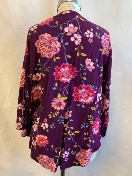Womens, Top, ST. JOHN'S BAY, Aubergine Purple, Pink, Fuchsia Pink, Green, Rayon, Floral, 2XL, Button Front, V-neck, Ban Collar, Pintuck Pleats From Shoulders, Long Sleeves, Elastic Cuff