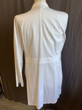 Unisex, Lab Coat Unisex, LANDAU, White, Polyester, Cotton, Solid, 36, Men, Notched Lapel, 4  Button Front, 3 Pockets, Long Sleeves, Waistband At Back Waist With Pleats