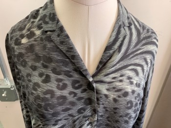 Womens, Blouse, LIZ CLAIBORNE, Dk Gray, Lt Gray, Gray, Polyester, Animal Print, L, Long Sleeves, Button Front, Collar Attached, Leopard/tiger Pattern