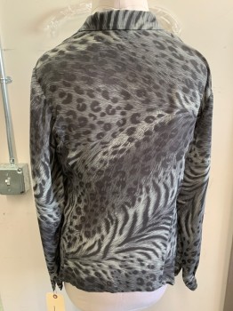 Womens, Blouse, LIZ CLAIBORNE, Dk Gray, Lt Gray, Gray, Polyester, Animal Print, L, Long Sleeves, Button Front, Collar Attached, Leopard/tiger Pattern