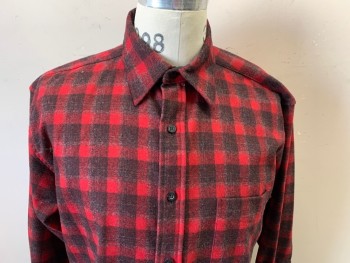 PENDLETON, Red, Black, Gray, Wool, Plaid, Long Sleeves, Button Front, Collar Attached, 1 Pocket,