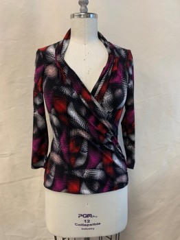 Womens, Top, VINCE CAMUTO, Black, Red, Purple, Pink, White, Polyester, Spandex, Abstract , M, V-neck, Long Sleeves, Gathered on Left Side