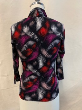 Womens, Top, VINCE CAMUTO, Black, Red, Purple, Pink, White, Polyester, Spandex, Abstract , M, V-neck, Long Sleeves, Gathered on Left Side