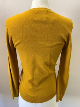Mens, Pullover Sweater, OU & FENG HANG, Ochre Brown-Yellow, Viscose, Nylon, Solid, L, C38, Long Sleeves, Seed Stitch Knit, 4 Tiny Buttons, Crew Neck,