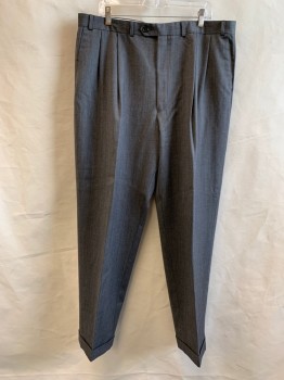 Mens, Suit, Pants, CHAPS, Heather Gray, Wool, Herringbone, 40/32, Double Pleats, Zip Fly, Button Tab Closure, 4 Pockets, Suspender Buttons, Cuffed Hem