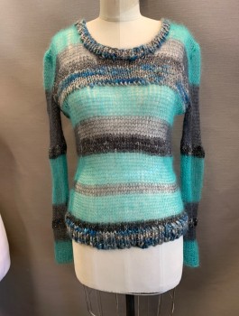 Womens, Pullover, N/L, Teal Green, Charcoal Gray, Mohair, Lurex, Stripes - Horizontal , XS, Scoop Neck, L/S, Open Knit