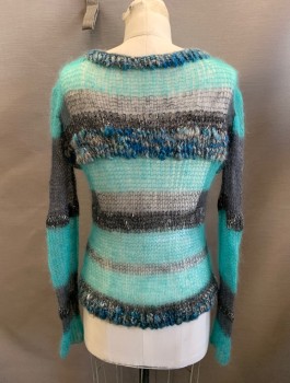 Womens, Pullover, N/L, Teal Green, Charcoal Gray, Mohair, Lurex, Stripes - Horizontal , XS, Scoop Neck, L/S, Open Knit
