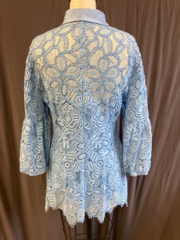 Womens, Dress, Long & 3/4 Sleeve, LELA ROSE , Lt Blue, Nylon, Rayon, Solid, 8, B36 , Solid C.A., & B.F,Placket, Lace, Balloon Sleeves, Lined With Spaghetti Strap Slip