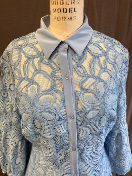 Womens, Dress, Long & 3/4 Sleeve, LELA ROSE , Lt Blue, Nylon, Rayon, Solid, 8, B36 , Solid C.A., & B.F,Placket, Lace, Balloon Sleeves, Lined With Spaghetti Strap Slip