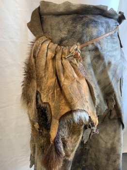 NL, Brown, Tan Brown, Gray, Leather, Fur, Splotches, Overlapping Leather Pieces, Velcro Closure, Fur Pelt Tied To Waist, Leather Ties, Aged/ Distressed