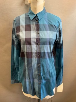 BURBERRY, Teal Blue, Teal Green, Plum Purple, Lt Blue, Cotton, Plaid, Long Sleeves, Button Front, Collar Attached,