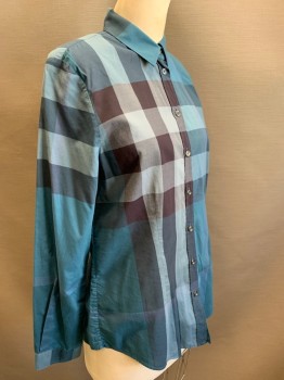 BURBERRY, Teal Blue, Teal Green, Plum Purple, Lt Blue, Cotton, Plaid, Long Sleeves, Button Front, Collar Attached,