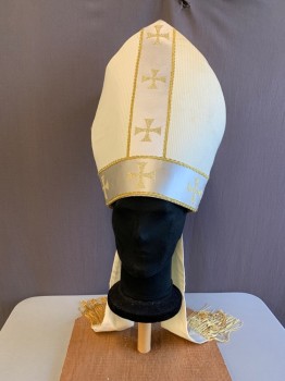 Unisex, Miter, N/L, Off White, Gold, Silk, Cotton, Stripes - Shadow, Christian, Priest, Bishop, 2 Shield Shapes Facing Back and Front, Cotton Off White Shadow Stripe, White Satin with Gold Glitter Crosses, Gold Braided Ribbon Trim, 2 Lappets Hang From Back with Gold Fringe