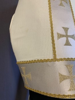 Unisex, Miter, N/L, Off White, Gold, Silk, Cotton, Stripes - Shadow, Christian, Priest, Bishop, 2 Shield Shapes Facing Back and Front, Cotton Off White Shadow Stripe, White Satin with Gold Glitter Crosses, Gold Braided Ribbon Trim, 2 Lappets Hang From Back with Gold Fringe