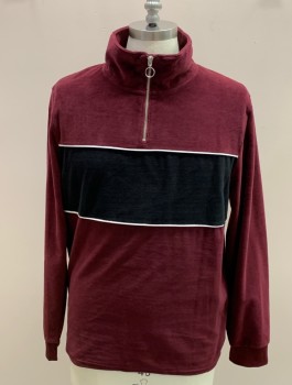 Mens, Pullover Sweater, ARIZONA, Red Burgundy, Black, White, Cotton, Polyester, Color Blocking, L, Stand Up Collar, 1/4 Front Zip with Round Pull, Piping, Velour, Retro Inspired