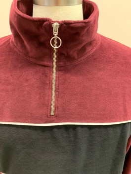 Mens, Pullover Sweater, ARIZONA, Red Burgundy, Black, White, Cotton, Polyester, Color Blocking, L, Stand Up Collar, 1/4 Front Zip with Round Pull, Piping, Velour, Retro Inspired
