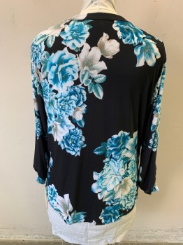Womens, Top, INC, Black, White, Turquoise Blue, Aqua Blue, Lt Brown, Polyester, Spandex, Floral, 3X, Long Sleeves, Ruched Cuffs, V-neck, Pullover, 2 Faux Zipper Pockets