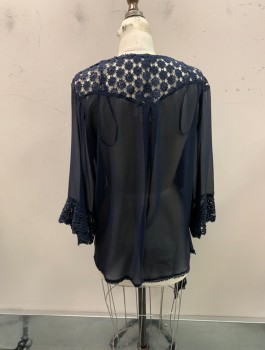 Womens, Casual Jacket, ANGL, Navy Blue, Polyester, Cotton, Solid, Floral, S, Open Front, Sheer, Floral Crochet Lace, Handkerchief Hem,