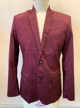 Mens, Sportcoat/Blazer, GUESS, Red Burgundy, Cotton, Spandex, Solid, 42R, Size L, Single Breasted, Notched Lapel, 2 Buttons, Slim Fit, 3 Pockets, Polka Dotted Lining