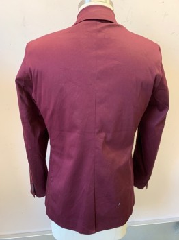 Mens, Sportcoat/Blazer, GUESS, Red Burgundy, Cotton, Spandex, Solid, 42R, Size L, Single Breasted, Notched Lapel, 2 Buttons, Slim Fit, 3 Pockets, Polka Dotted Lining
