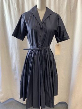 MTO, Dk Gray, Cotton, Solid, Button Front Placket, Collar Attached, Pleated Skirt, Cuffed Short Sleeves, Self Belt, Side Zip
