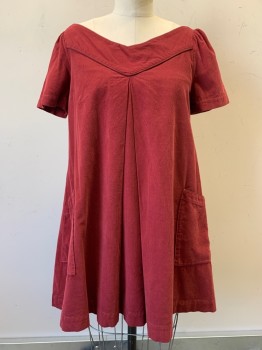 NO LABEL, Red Burgundy, Cotton, Solid, S/S, Corduroy Texture, Wide V Neck, Top Pocket, Pleated Center, Back Buttons
