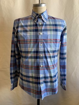 BROOKS BROS, Lt Blue, Red Burgundy, Multi-color, Cotton, Lycra, Plaid, Bttn Down Collar, B.F., L/S, 1 Pckt, White, Sea Green, Light Yellow, And Navy Colors