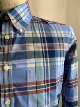 BROOKS BROS, Lt Blue, Red Burgundy, Multi-color, Cotton, Lycra, Plaid, Bttn Down Collar, B.F., L/S, 1 Pckt, White, Sea Green, Light Yellow, And Navy Colors