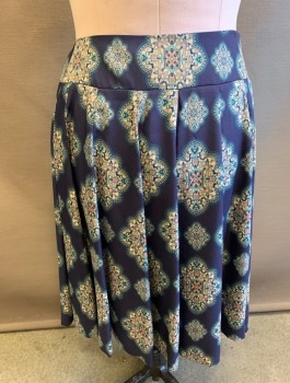 Womens, Skirt, Knee Length, ANN TAYLOR, Navy Blue, Ecru, Baby Blue, Lt Pink, Polyester, Medallion Pattern, Sz.10, 3" Wide Waistband/Yoke, A-Line With Vertical Panels, Invisible Zipper At Side