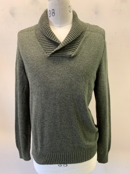 Mens, Pullover Sweater, St. Johns Bay, Dk Green, Cotton, Solid, M , L/S, V Neck, Collar Attached,