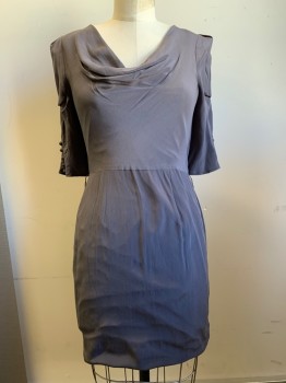 PAUL & JOE, Dk Gray, Silk, Solid, Mid Sleeves With Buttons, Draped Neckline, Side Zipper, Shoulder Pads