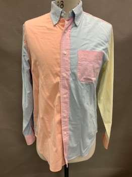 J CREW, Multi-color, Cotton, Color Blocking, L/S, Button Front, Button Down Collar, 1 Pocket,