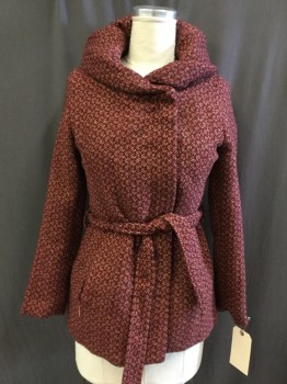 Womens, Casual Jacket, MOSSIMO, Red Burgundy, Fuchsia Pink, Tan Brown, Polyester, Wool, Geometric, Tweed, L, Double Breasted, Button Front, 2 Slit Pocket, Thick Exaggerated Shawl Collar, MATCHING BELT