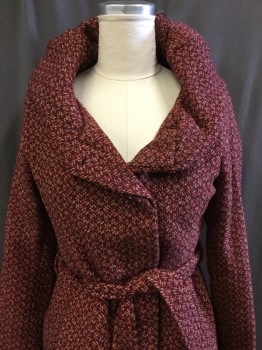Womens, Casual Jacket, MOSSIMO, Red Burgundy, Fuchsia Pink, Tan Brown, Polyester, Wool, Geometric, Tweed, L, Double Breasted, Button Front, 2 Slit Pocket, Thick Exaggerated Shawl Collar, MATCHING BELT