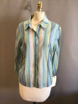 Sigrid Olsen, Blue, Olive Green, Mint Green, Yellow, Pink, Cotton, Stripes, Button Front, Collar Attached, 3/4 Sleeve