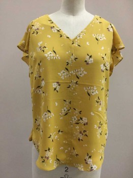 H&M, Yellow, White, Purple, Black, Polyester, Floral, Yellow with White/purple/black Floral Print, V-neck, Short Sleeve,