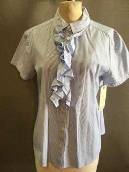 Marc Jacobs, White, Lt Blue, Cotton, Stripes - Vertical , Button Front, Collar Attached, Short Sleeve,  Ruffle Down Both Sides Of Button Placket, Boxy