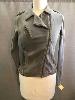 Womens, Casual Jacket, Billabong, Gray, Cotton, Solid, L, Aged Gray Long Sleeve Sweatshirt Jacket, Zip Up, Collar Attached, Epaulets, 3 Zip Pockets, Ribbed Knit Waistband/Cuff/Sides/Underarms, Snap Tabs Side Waist