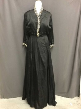 NO LABEL, Black, Cream, Silk, Cotton, Solid, Stripes, Long Sleeves, Ruffle Stripe Trim At Bust and Cuffs, Hook and Eye Closure Down Front, Pleats At Hips, Cotton Under Layer Sewn Into Body/Bust, Hem Below Knee/Floor Length,