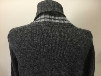 Mens, Cardigan Sweater, KEN COLE, Charcoal Gray, Dk Gray, Lt Gray, Acrylic, Wool, Mottled, Stripes, XL, Shawl Collar with Double Stripe on the Bottom Layer, Long Sleeves, Button Front,
