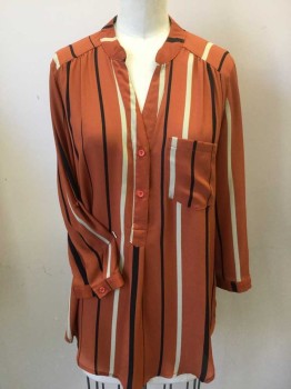 TIMING, Rust Orange, Black, Tan Brown, Polyester, Stripes - Vertical , Rust with Black, Tan Vertical Stripes, Round W/trim V-neck, 2 Button Front, Pullover, 1 Pocket, 3/4 Sleeves with Small Cuffs & 1 Button, Uneven Hem