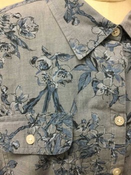 Croft & Barrow, Navy Blue, French Blue, Slate Blue, Cotton, Floral, Button Front, Collar Attached,  3/4 Sleeves, 2 Flap Pockets