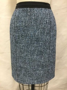 Womens, Skirt, Below Knee, ELIE TAHARI, Teal Blue, Black, Cream, Cotton, Polyester, Heathered, 6, Heather Black, Teal, Cream,  2 Inverted Vertical Seams Front, with 1-1/4" Black Waist Band, Exposed Large Black Zip Back,
