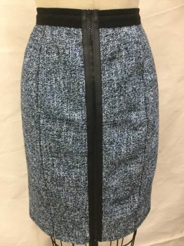Womens, Skirt, Below Knee, ELIE TAHARI, Teal Blue, Black, Cream, Cotton, Polyester, Heathered, 6, Heather Black, Teal, Cream,  2 Inverted Vertical Seams Front, with 1-1/4" Black Waist Band, Exposed Large Black Zip Back,